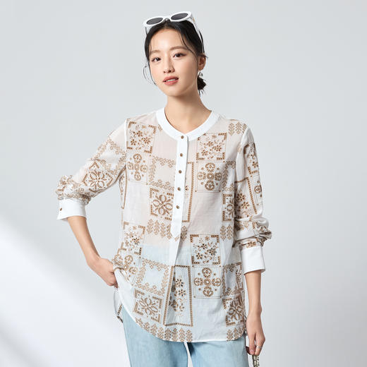 QS真丝复古印花衬衫26春显瘦百搭上衣亨利领开衫时尚2917 商品图2