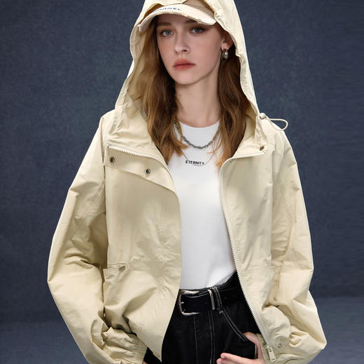 三彩2026春季新款休闲连帽拉链外套宽松廓形开衫简约复古M 商品图2