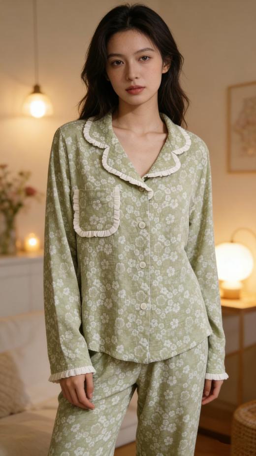 🔥【玛万生活抹茶繁花双层纱睡衣】｜店主自留高端款！🎯双面提花双层纱睡衣，一上身就是贵气感✨ 这套双层纱 + 双面提花长袖长裤套装 商品图0