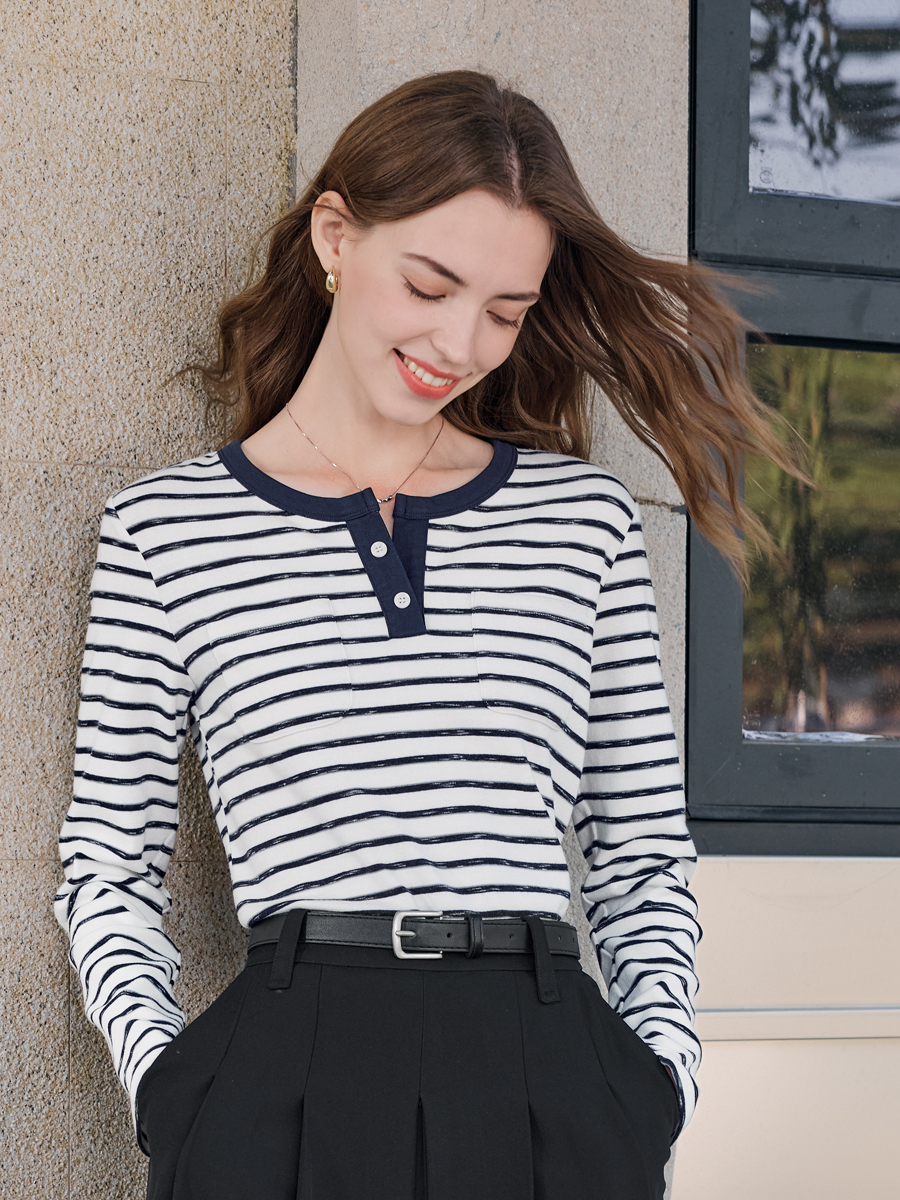 【百图lulu定制】【海军条纹T恤】海军深蓝  V领 条纹 长袖T恤