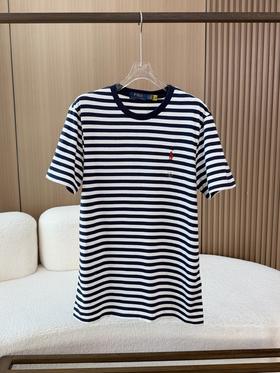 RL拉夫夏季圆领海军条纹刺绣小马短袖T恤男女同款