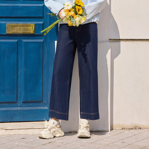 半身缘女裤 春季时尚复古丹宁蓝直筒牛仔裤261202U30120161 商品图0