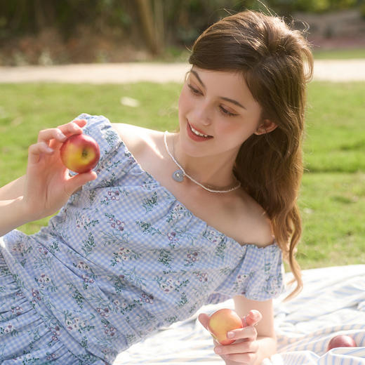 三彩独醒2026春季新款一字领格纹碎花裙连衣裙小A字裙蓬蓬短裙F 商品图3