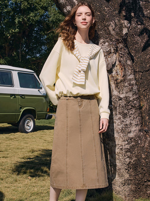 【百图lulu定制】【双影牛仔半裙】【送皮带】 复古 卡其色  直筒  显瘦高腰半身裙 商品图8