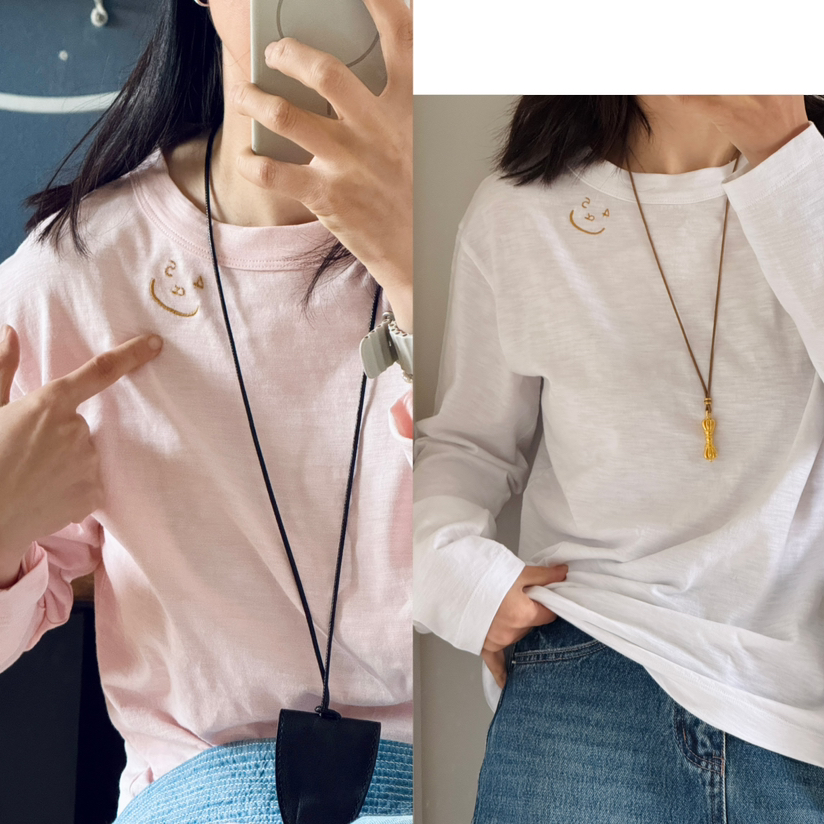 45-R领口笑脸竹节棉刺绣纯色长袖【包邮+三天无理由退换】