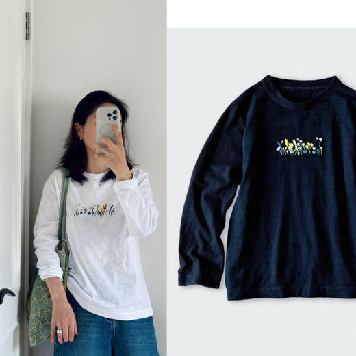 45-R日系简约竹节棉花草刺绣长袖t【包邮+三天无理由退换】 商品图0