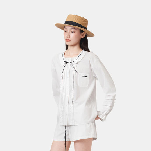 HERLIAN 2026年春夏新品高台式翻领撞色丝带女士长袖衬衫 商品图1