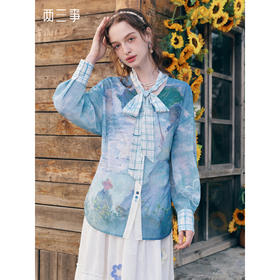 两三事梵高文艺 夏夜梦令 2026春季新款印花绑带v领雪纺衫女宽松