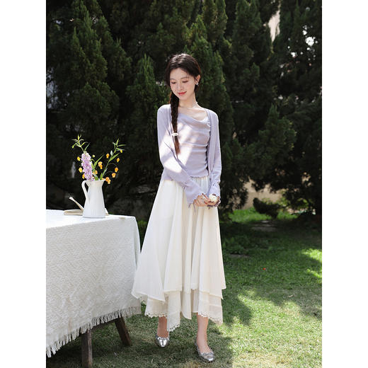 鹿向南「清雅漫行」米白色半身裙女春季高级感蕾丝高腰A字长裙子 商品图1