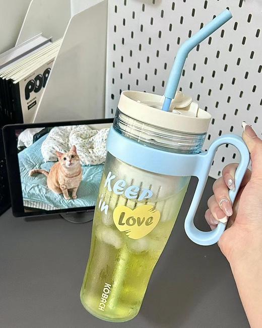 F030475巨无霸吸管高颜值奶芙蓝大容量茶水分离杯吸管水杯 商品图0