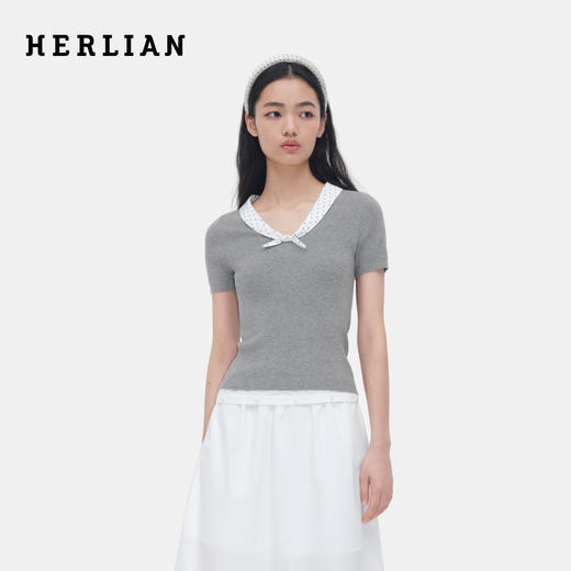HERLIAN 2026年春夏新品波点蝴蝶结拼接修身女士短袖针织衫 商品图0