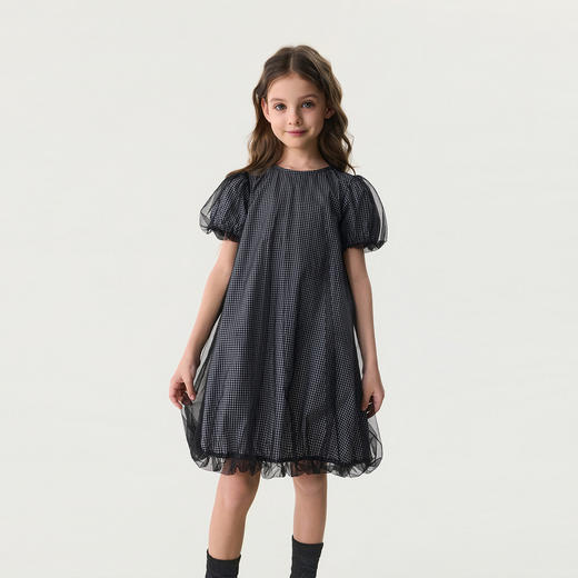 马克珍妮甜酷格纹女童网纱花苞裙2026年夏装新款560605 商品图1