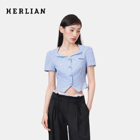 HERLIAN 2026年春夏新品半圆翻边蓝格小上衣女士短袖衬衫