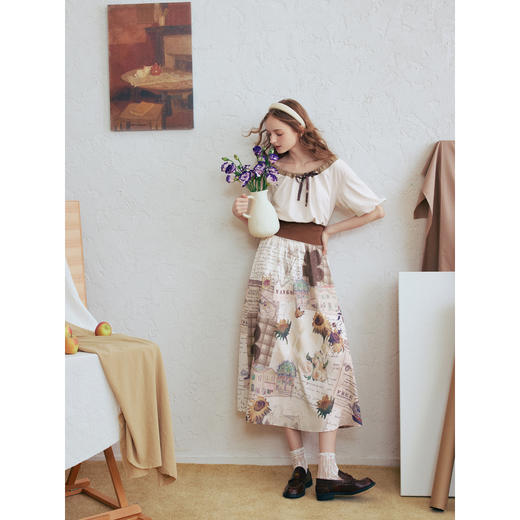 两三事梵高文艺风铃雏菊2026春新款复古印花拼接收腰泡泡袖连衣裙 商品图3