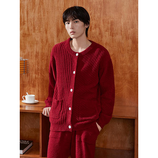 GXG男士家居服 红色肌理圆领开衫长袖保暖舒适睡衣套装冬季款 商品图2