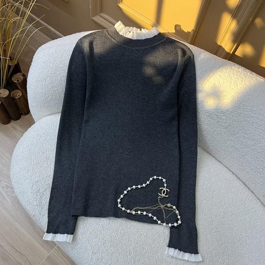 绯色织梦~抽条欧根纱木耳领花边针织套头衫 商品图1