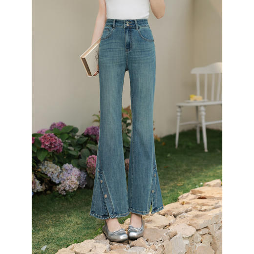 鹿向南「丹宁线条」蓝色修身牛仔裤女春季新款高腰通勤复古微喇裤 商品图0