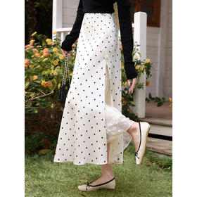 鹿向南「月光梦境」法式杏色波点半身裙女夏显瘦蕾丝拼接A字长裙