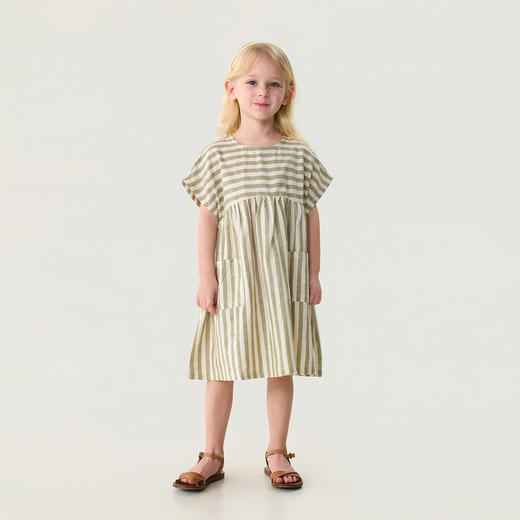 马克珍妮森系条纹女童亚麻连衣裙2026年夏装新款561035 商品图1