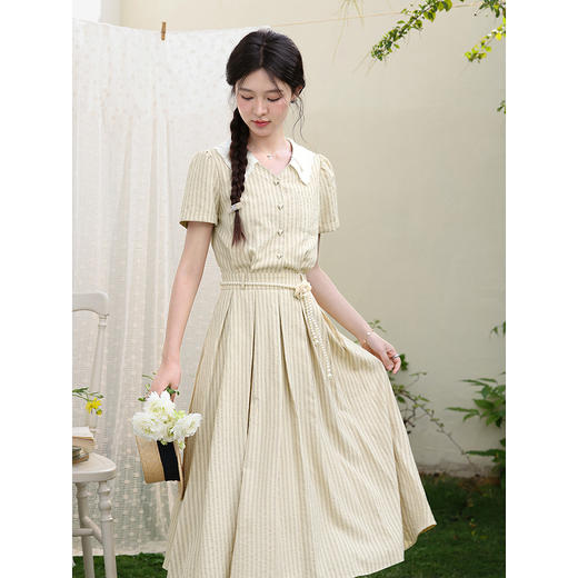 鹿向南「伯恩美术馆」条纹短袖V领连衣裙女夏季收腰显瘦A字长裙子 商品图2
