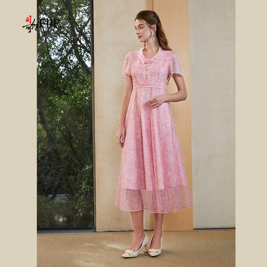 司歌碎花轻盈仙气v领短袖收腰连衣裙A911193X 商品图3