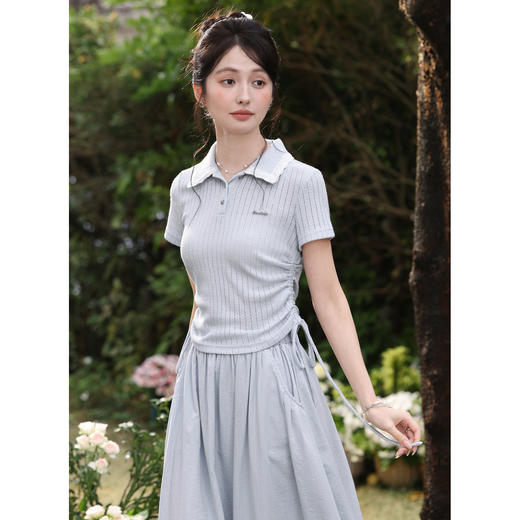 鹿向南「清甜如葡」雾霾蓝修身T恤女夏新款韩系chic短袖polo上衣 商品图2