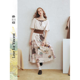 两三事梵高文艺风铃雏菊2026春新款复古印花拼接收腰泡泡袖连衣裙