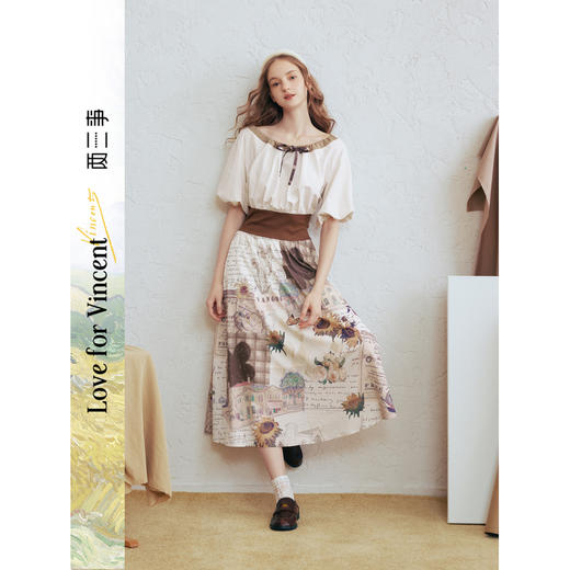 两三事梵高文艺风铃雏菊2026春新款复古印花拼接收腰泡泡袖连衣裙 商品图0