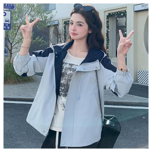 半身缘女装 春季撞色连帽短款冲锋衣外套夹克261113U01340259 商品图5