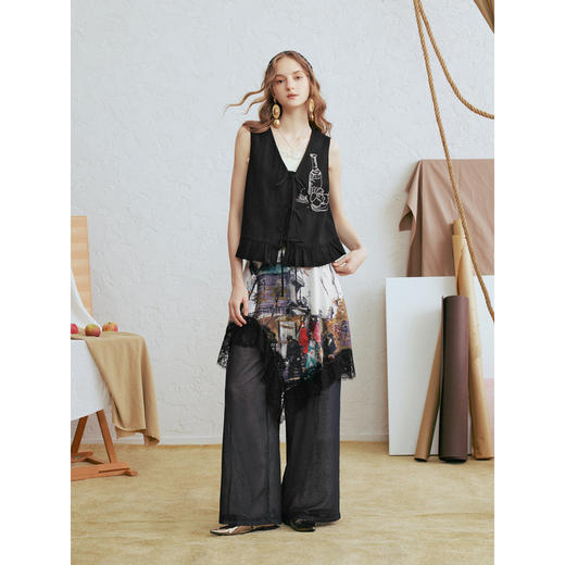 两三事梵高文艺午夜童话2026春季新款印花屁帘拼接雪纺阔腿休闲裤 商品图2