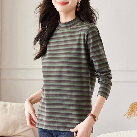 女士德绒半高领打底衫女秋冬新款加绒大码女装条纹长袖t恤女上衣 商品图3