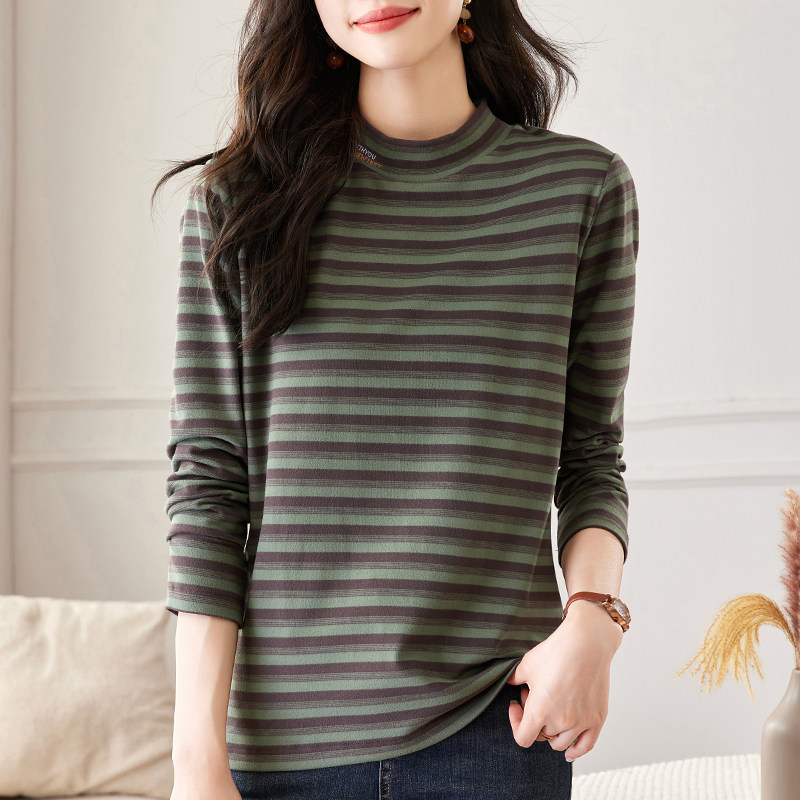 女士德绒半高领打底衫女秋冬新款加绒大码女装条纹长袖t恤女上衣