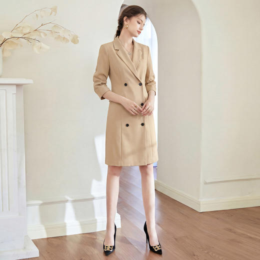 IWY/卡其色西装领连衣裙女职场高级感显瘦中长款收腰裙子工作服WQ152 商品图3