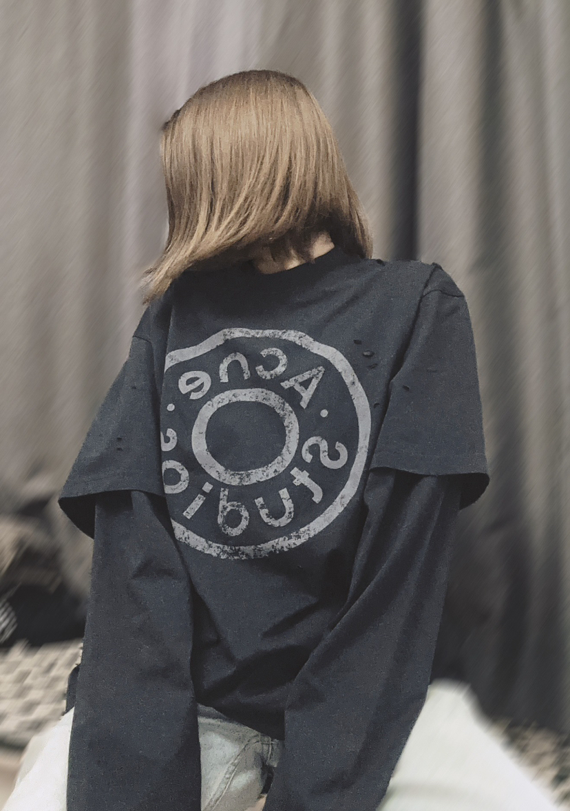 原单ACNE徽章破洞假两件长袖T恤