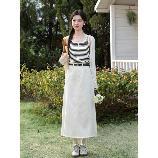 鹿向南「春日花漾」米白色半身裙女春新款时尚宽松高腰显瘦牛仔裙 商品图1