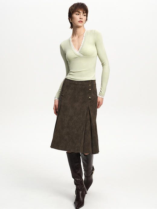 TR她热 米兰雾光 灰绿色羊毛蕾丝拼接V领带胸垫法式显瘦打底衫上衣 商品图2