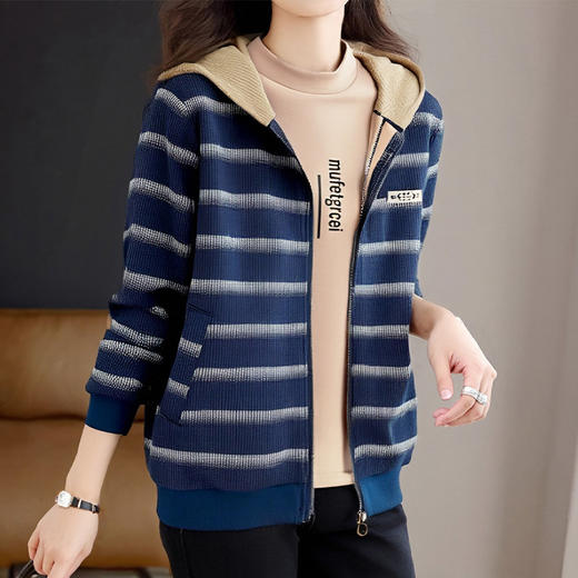 加绒加厚条纹外套女秋冬季新款休闲百搭连帽开衫卫衣中年妈妈上衣 商品图1