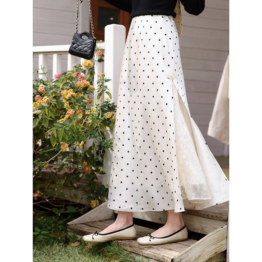 鹿向南「月光梦境」法式杏色波点半身裙女夏显瘦蕾丝拼接A字长裙 商品图2