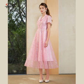 司歌碎花轻盈仙气v领短袖收腰连衣裙A911193X