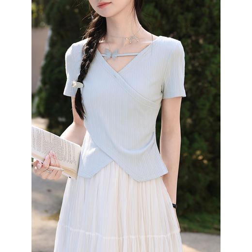 鹿向南「茉莉清晨」蓝色短袖T恤女夏新款时尚修身小众设计感上衣 商品图2