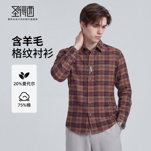 【含棉&含羊毛】圣得西男士格纹长袖衬衫2026新款春季通勤风上衣 商品图0