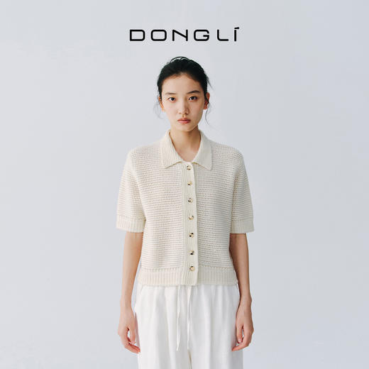 东黎 • 万物复苏 微光华夫格 山羊绒 女士春季翻领镂空珠片半袖开衫 6026 商品图1