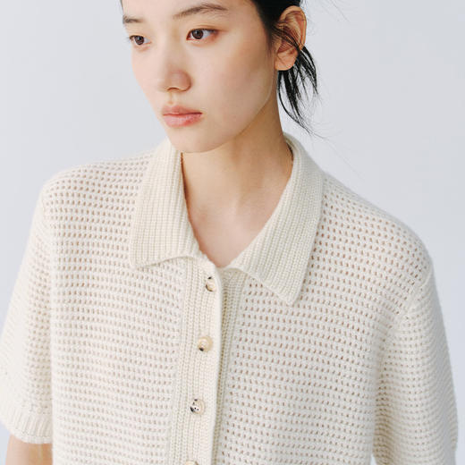 东黎 • 万物复苏 微光华夫格 山羊绒 女士春季翻领镂空珠片半袖开衫 6026 商品图5