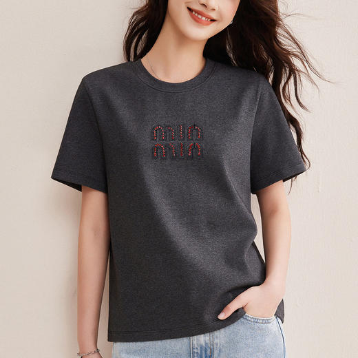 「自j」全新升级【铂金会员128/天猫169/差价41】(00741)洛诗琳新款休闲钻饰纯棉T恤2026春夏正肩字母设计短袖上衣 商品图1