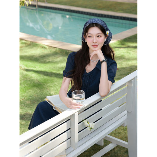 鹿向南「雾起野矿」法式藏蓝色连衣裙女夏季短袖高级洋气显瘦裙子 商品图1