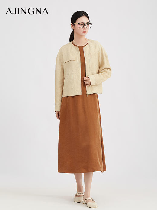 【商场同款】阿菁娜春季新款老钱风亚麻纹理感圆领短款外套A31C106003 商品图2