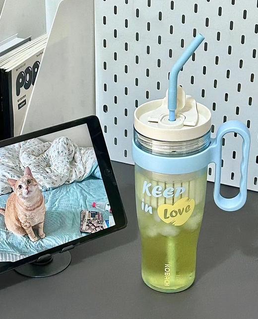 F030475巨无霸吸管高颜值奶芙蓝大容量茶水分离杯吸管水杯 商品图2