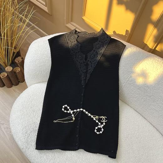 云纱清韵~桑蚕丝羊毛v领蕾丝纯色无袖开衫 商品图2