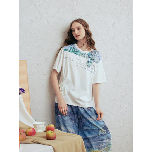 两三事梵高文艺春野浮萍2026春新款小清新印花拼接扭结t恤女宽松 商品图2