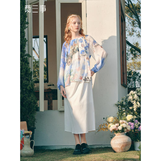 两三事 月河星沙 2026春季新款甜美印花拼接灯笼袖假两件连衣裙 商品图0
